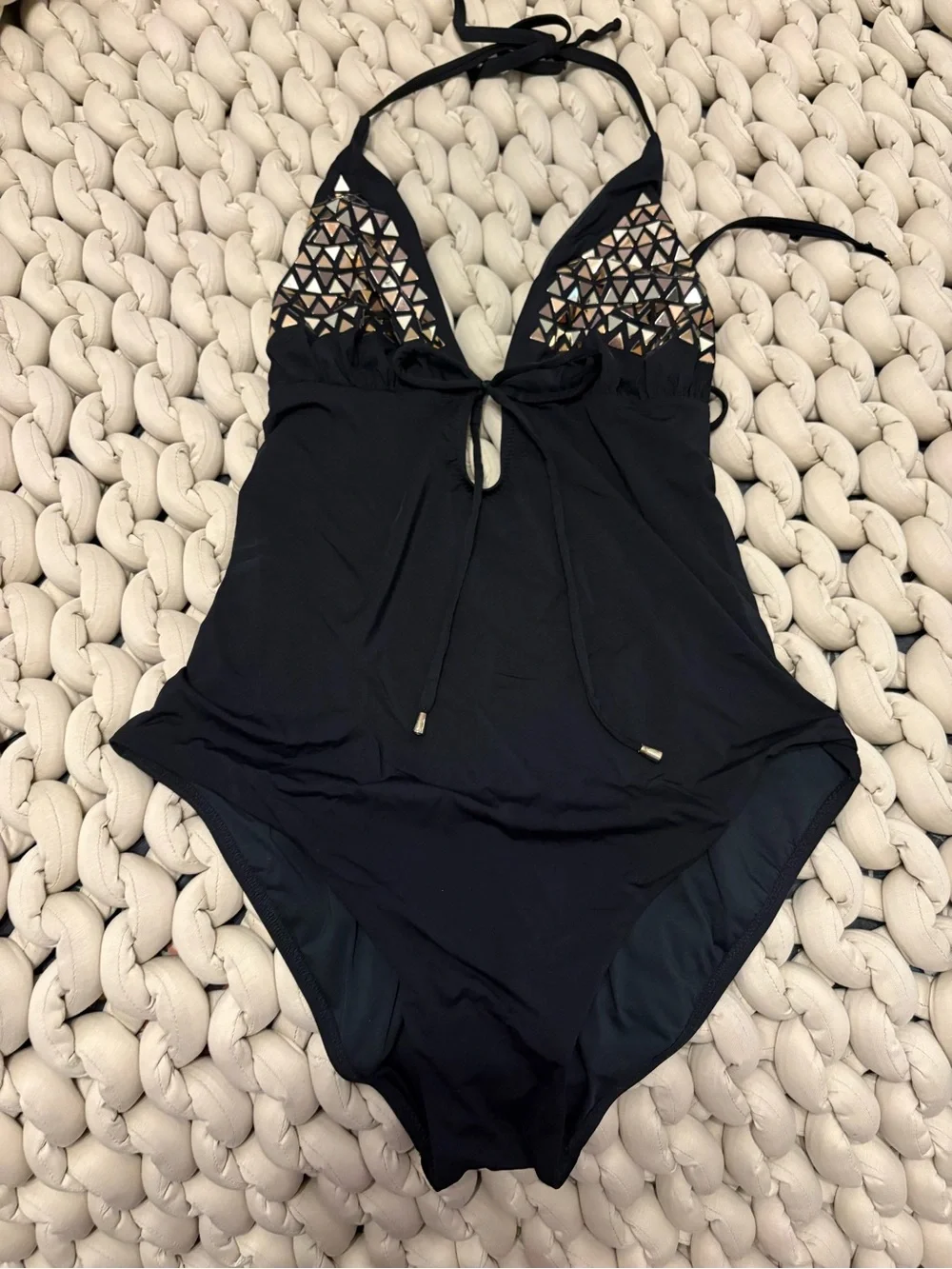 Black One-Piece Swimsuit with Metallic Triangle Accent